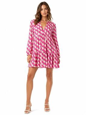 Zara Mini Cadie Dress Pink Geometric Print Tiered Cotton Mini Dress NWT Size S
